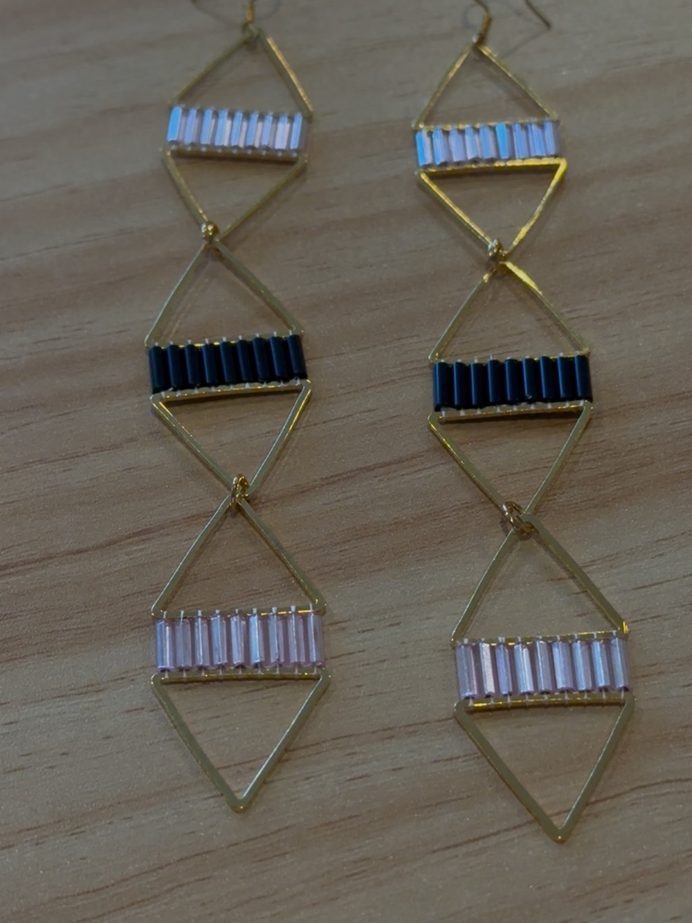 Hand Crafted Gold Drop Earrings with Black and Pink Beads